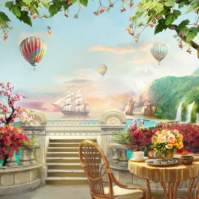 Каменная терраса с видом на парусную лодку