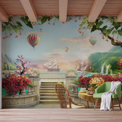 Каменная терраса с видом на парусную лодку