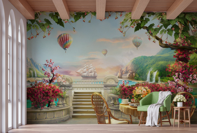 Каменная терраса с видом на парусную лодку